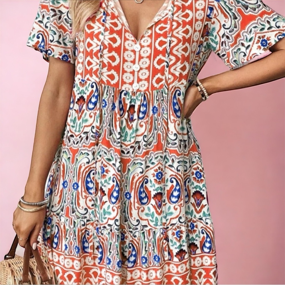 Boho Tie Neck Flounce Sleeve Ruffle Hem Mini Dress